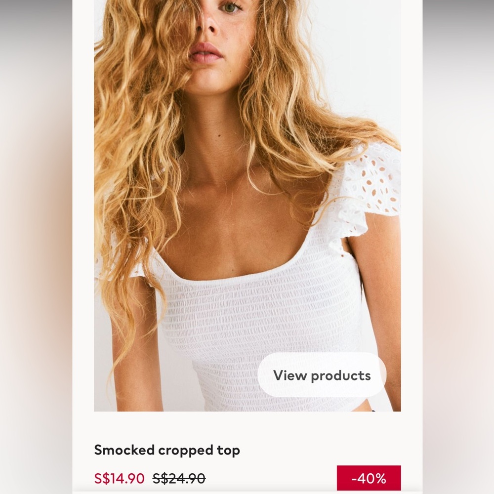 H&M white smocked crop top in size M